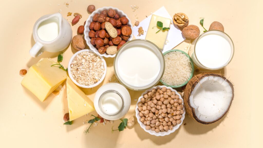 Un assortiment de produits laitiers végétaux, y compris du lait de riz, du lait de coco, du lait de soja, des noisettes et des flocons d'avoine.