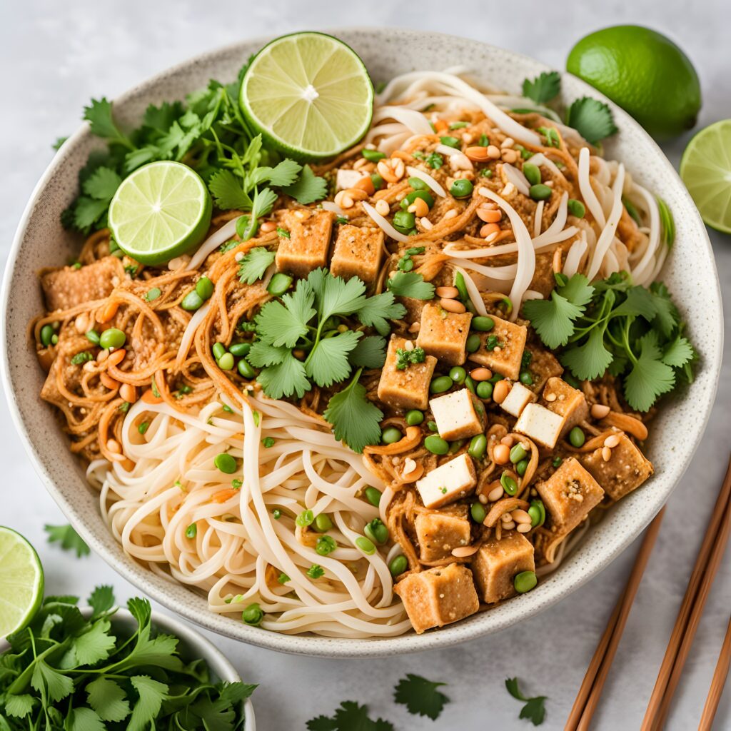 Bol de nouilles et morceaux de tempeh avec coriandre et quartiers de citron vert.