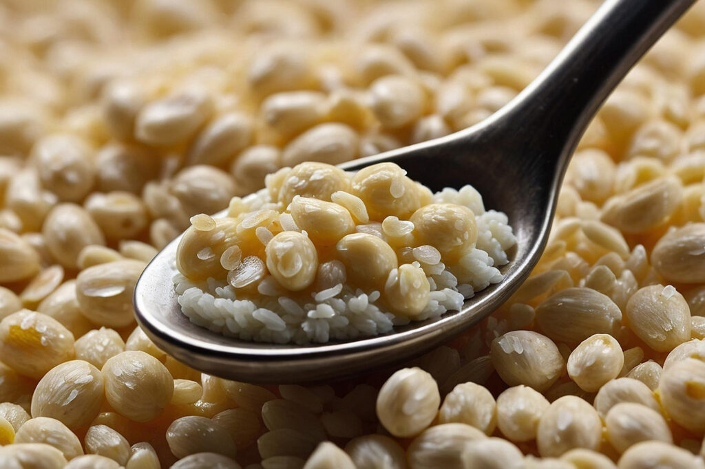 Gros plan sur des grains de soja avec une cuillère, soulignant leur teneur élevée en isoflavones du soja.