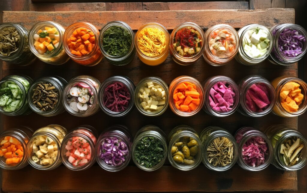 Assortiment de légumes fermentés dans des bocaux, essentiels pour une alimentation végétarienne saine.