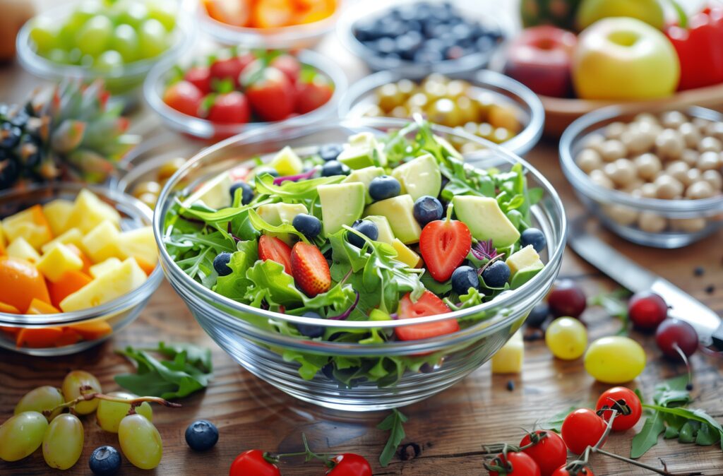 Un bol de salade fraîche avec des fruits et légumes variés, un exemple parfait de repas végétariens équilibrés coloré et nutritif.